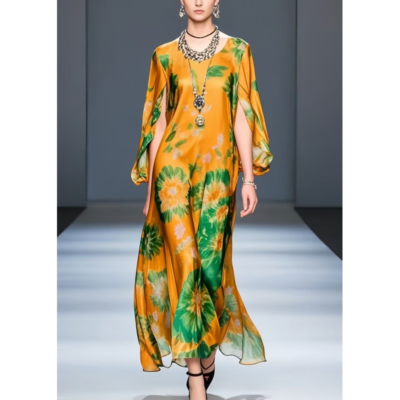 Silm Fit Orange Print Chiffon Vestidos Dress Cloak Sleeves