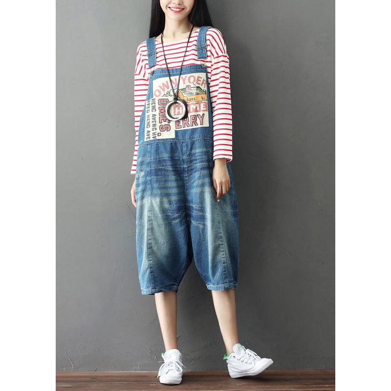 Simple Blue Oversized Patchwork Applique Cotton Denim Jumpsuits Summer