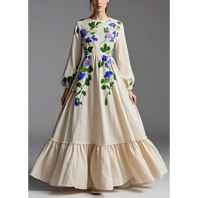 Simple Milk White Print Exra Large Hem Cotton Dresses Fall