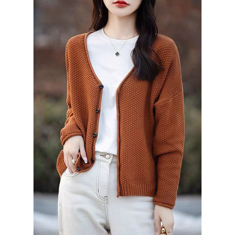 Simple Orange V Neck Button Cotton Knit Cardigan Fall