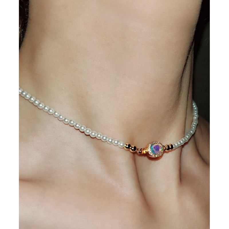Simple White Overgild Inlaid Gem Stone Pearl Gratuated Bead Necklace