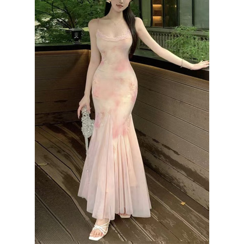 Slim Fit Pink Lace High Waist Tulle Spaghetti Strap Dress Sleeveless