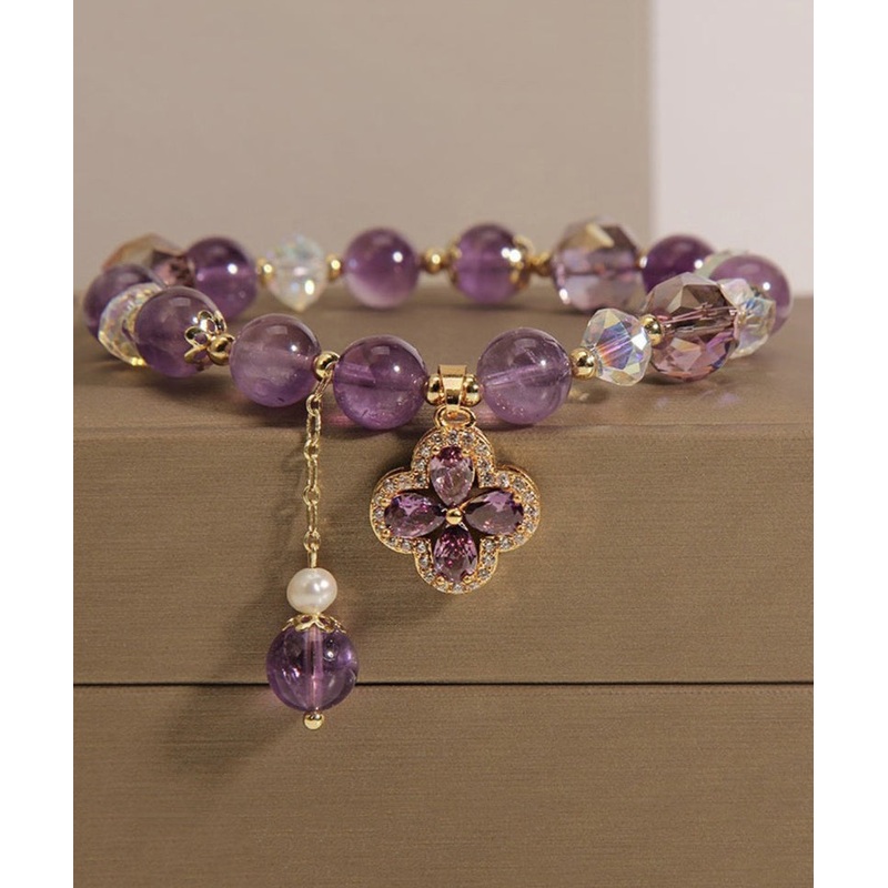 Style Purple Crystal Inlaid Gem Stone Zircon Four Leaf Clover Tassel Charm Bracelet