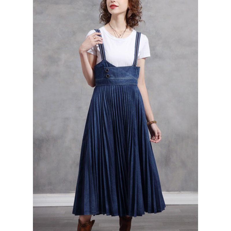 Stylish Blue Patchwork Spaghetti Strap Pleated Denim Dress Summer