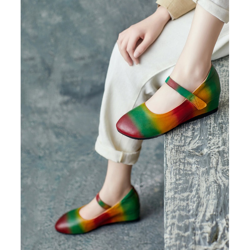 Stylish Rainbow Cowhide Leather High Wedge Heels Shoes