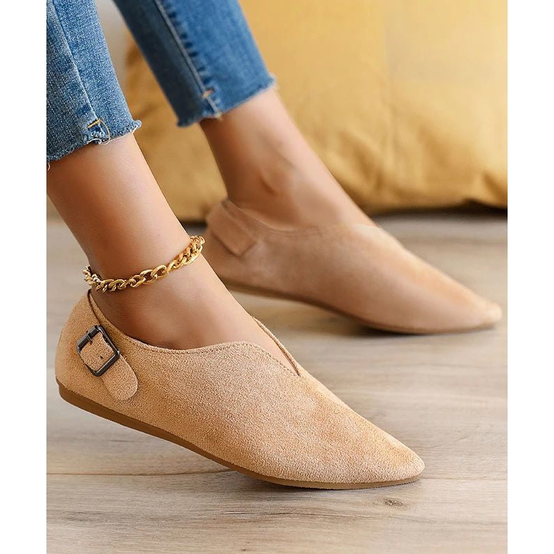 Suede Khaki Women Splicing Flat Shoes For Pointed Toe