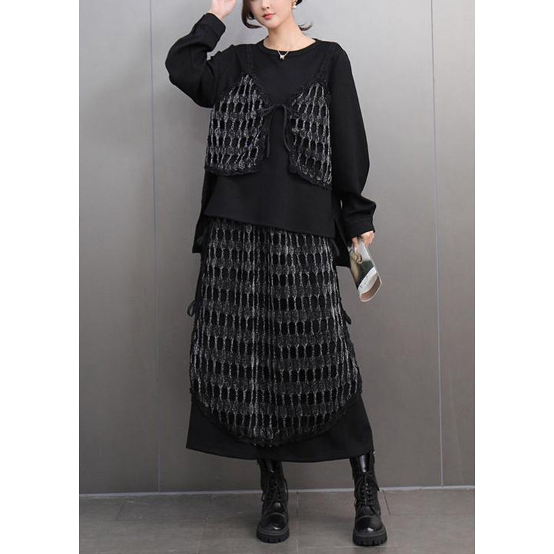 Unique Black O-Neck Plaid Patchwork Top And Maxi Skirts Two Piece Set Spring