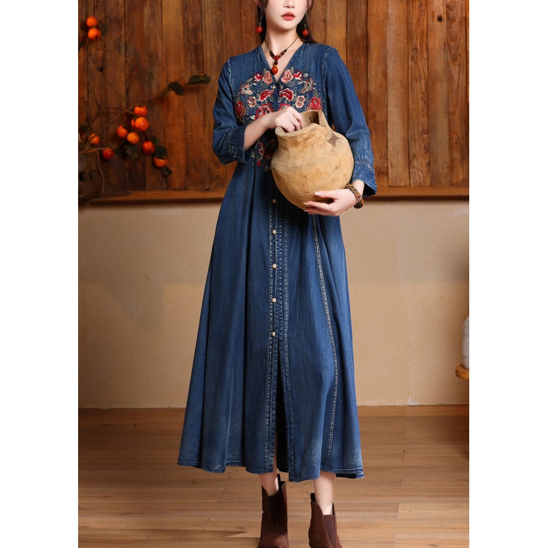 Unique Navy V Neck Embroidered Patchwork Maxi Denim Dress Long Sleeve