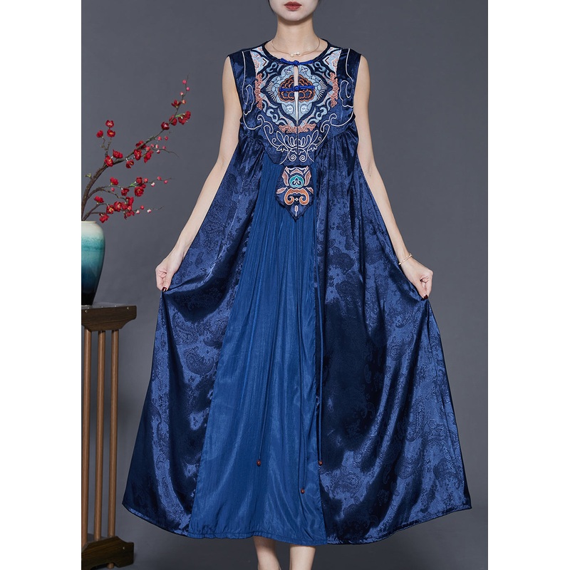 Vintage Blue Embroidered Patchwork Silk Dress Sleeveless