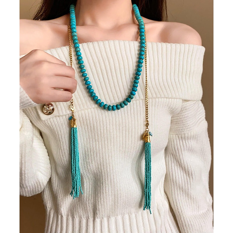 Vintage Gold Alloy Turquoise Beading Tassel Gratuated Bead Necklace