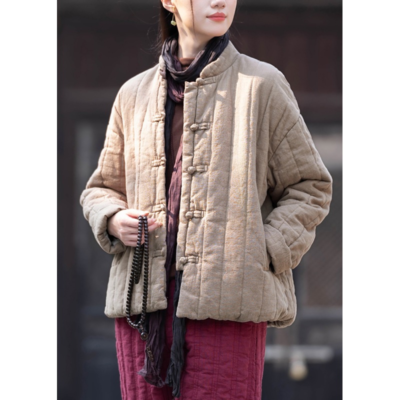 Vintage Khaki Stand Collar Button Pockets Cotton Filled Parkas Winter