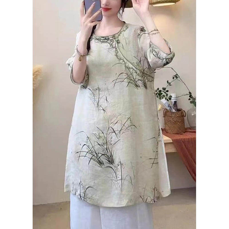 Vintage Light Green Print Side Open Linen Shirt Half Sleeve