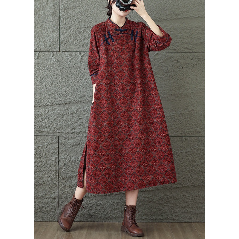 Vintage Red Stand Collar Print Oriental Button Cotton Dress Fall