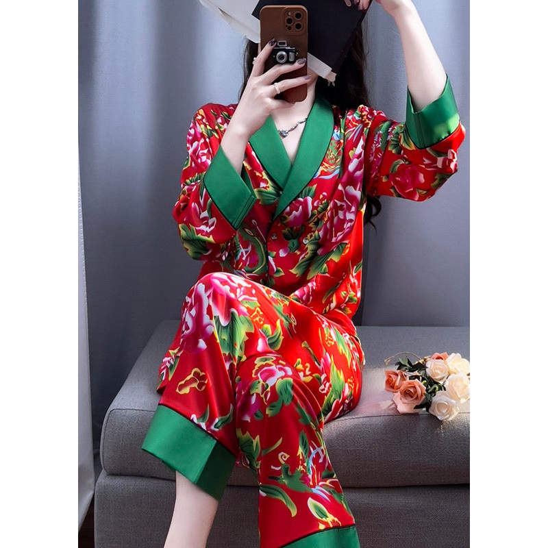 Vintage Red V Neck Print Top And Pants Silk Two Pieces Set Long Sleeve