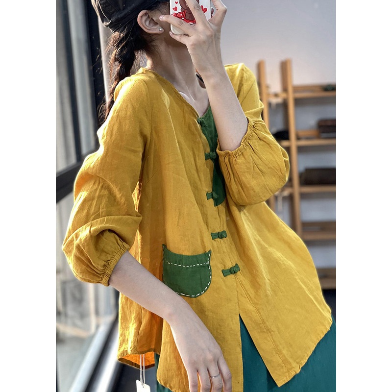 Vintage Yellow V Neck Button Patchwork Cotton Shirt Bracelet Sleeve