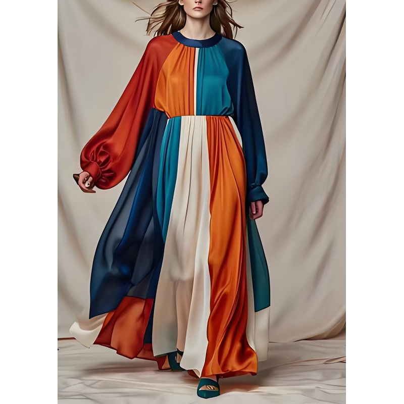 Vogue Colorblock O Neck Patchwork Draping Silk Maxi Dresses Long Sleeve