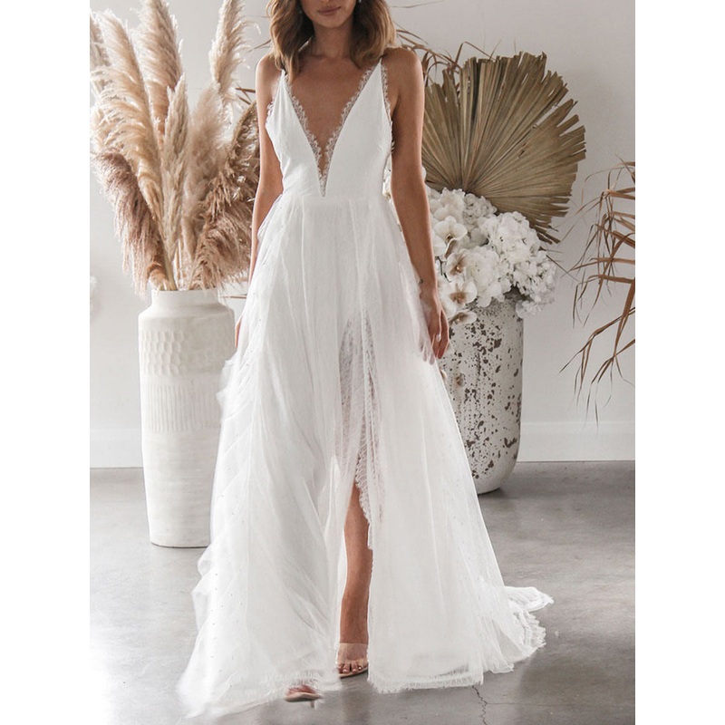 White Wedding Deep V Neck Backless Lace Split Maxi Dress