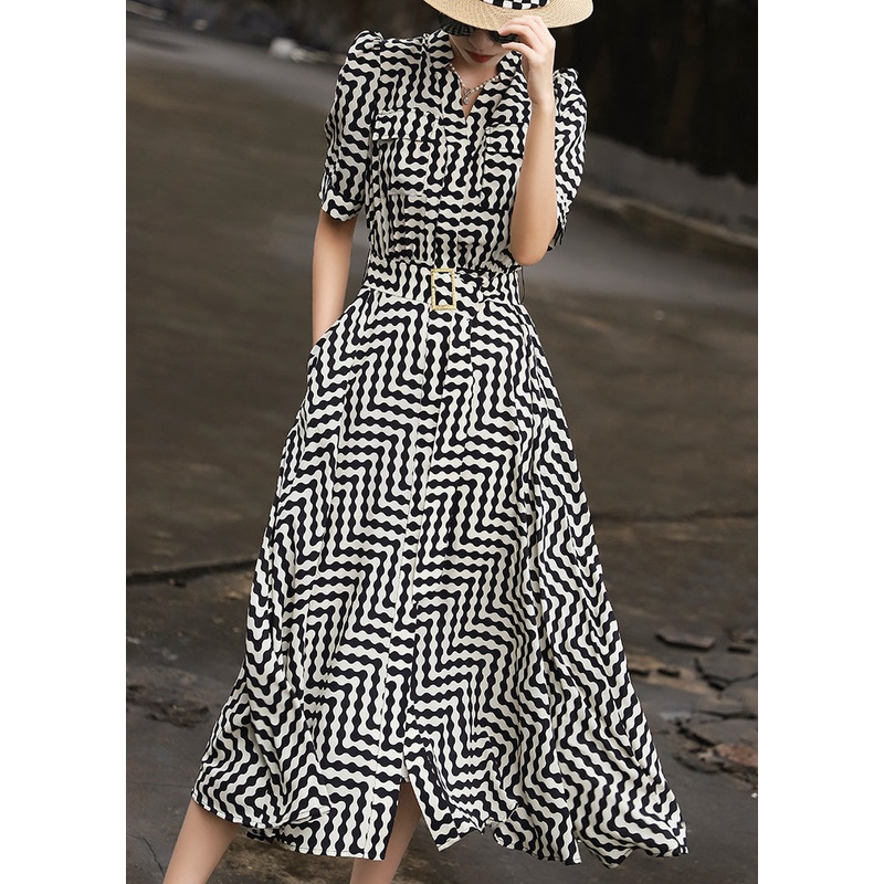 Women Black Striped Tie Waist Chiffon Dresses Summer