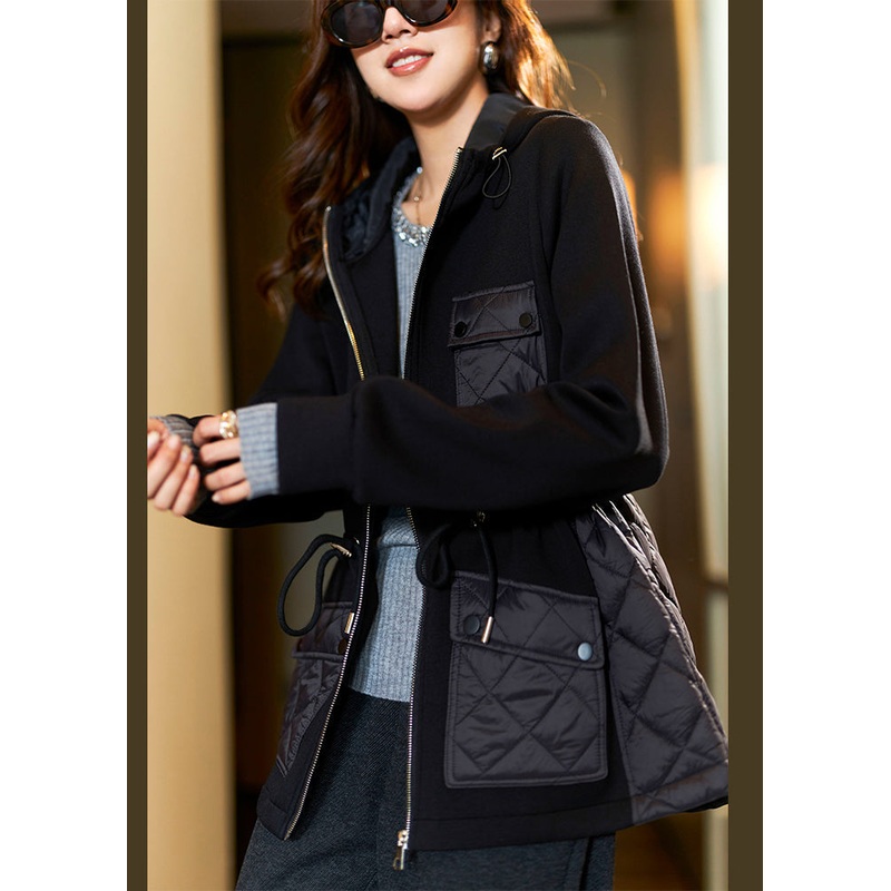 Women Black Zippered Drawstring Patchwork Cotton Filled Coats Spring