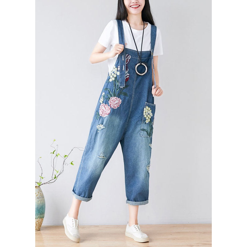 Women Blue Embroideried Cotton Denim Jumpsuits Spring