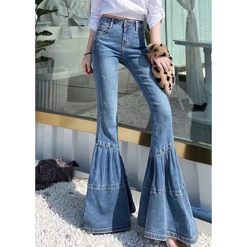 Women Blue Pockets High Waist Denim Flared Trousers Summer