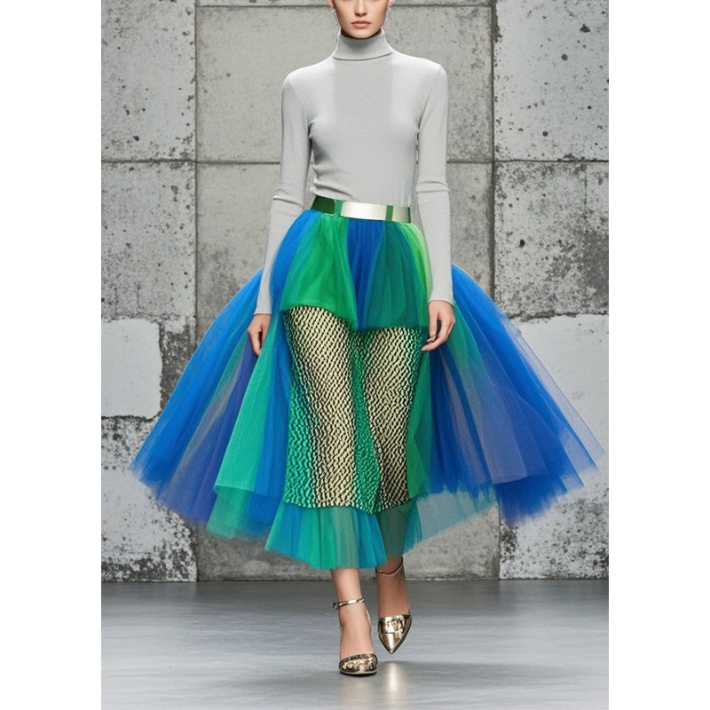 Women Colorblock Hollow Out Patchwork Tulle Skirts Summer