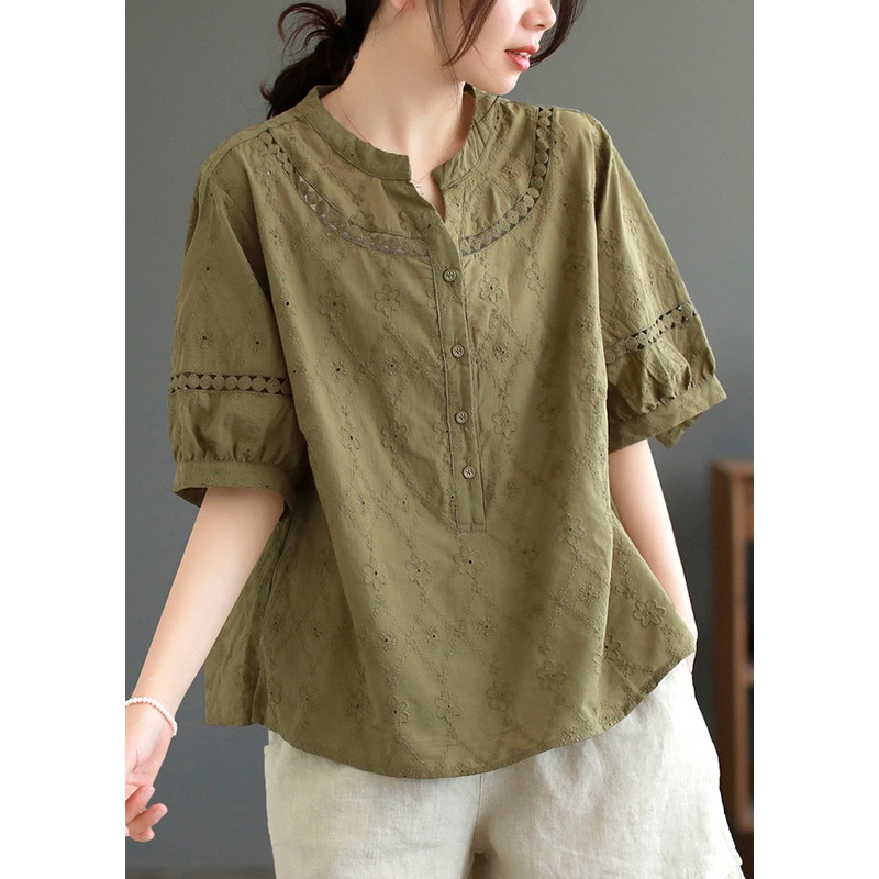 Women Dark Green Hollow Out Embroidered Cotton T Shirt Top