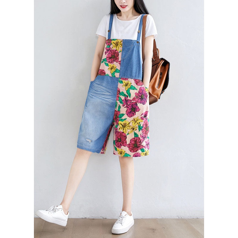 Women Light Blue Patchwork Print Cotton Overalls Jumpsuit Shorts Summer
