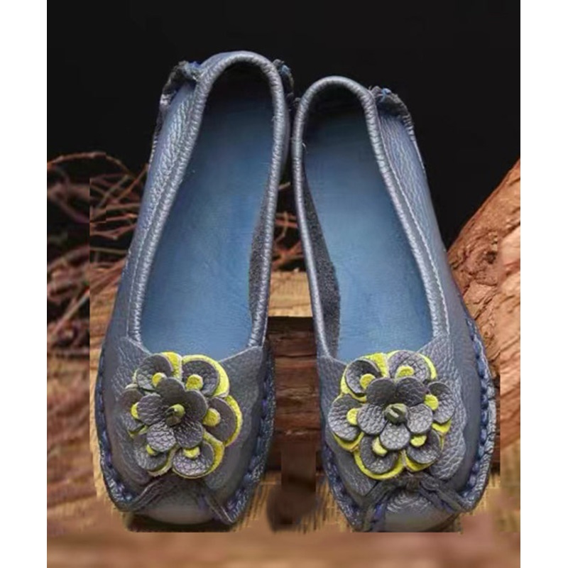 Women Navy Faux Leather Flower Splicing Flat Feet Shoes