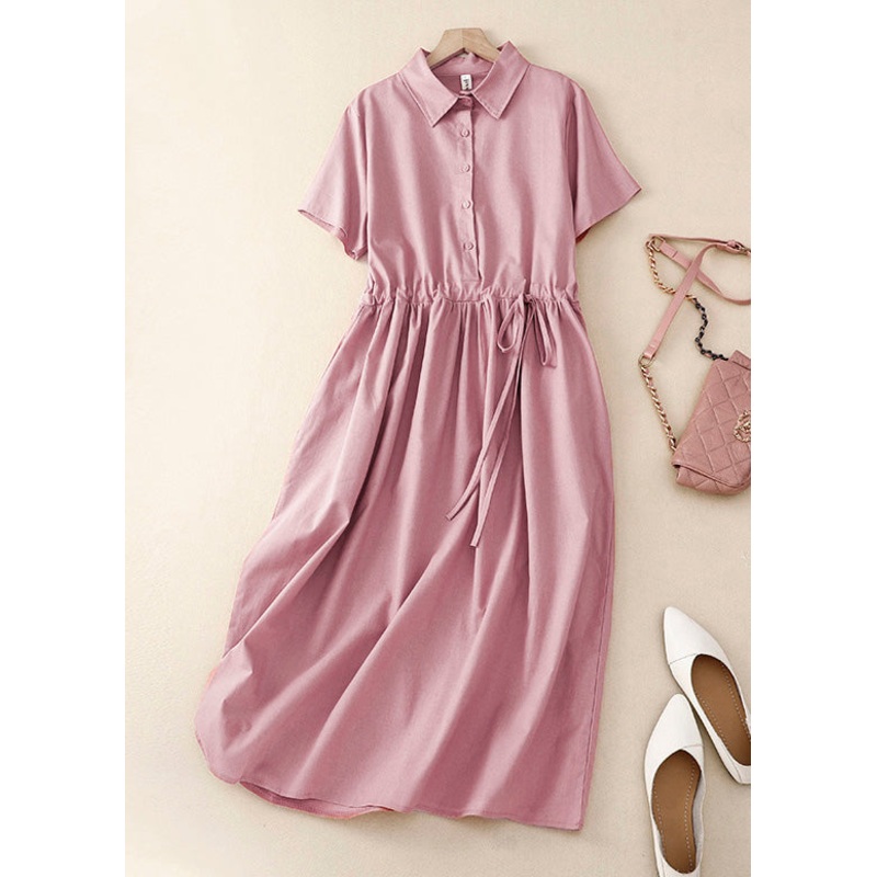 Women Pink Peter Pan Collar Drawstring Cotton Long Dress Summer