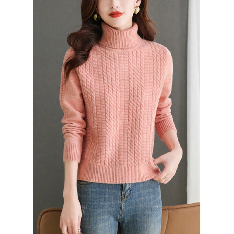 Women Pink Turtleneck Solid Knit Sweater Winter
