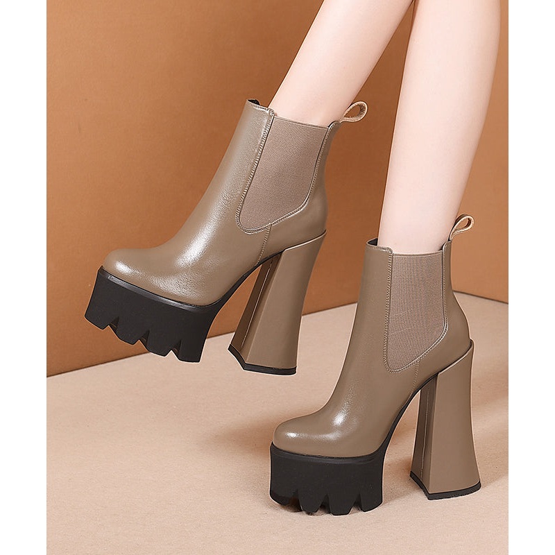 2024 New Khaki Splicing Platform High Heel Boots