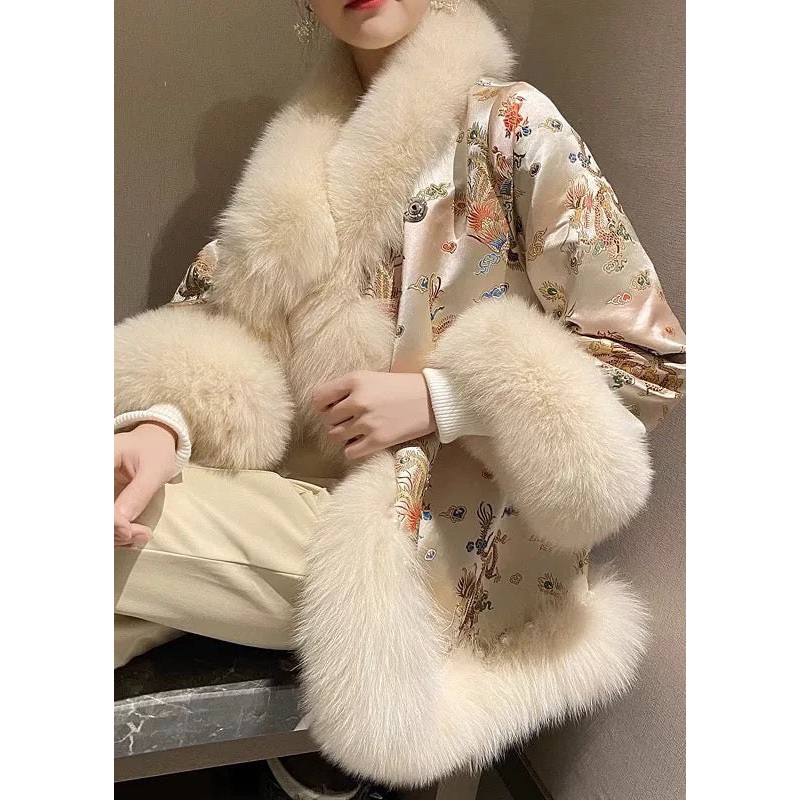 Art Beige Fur Collar Nail Bead Patchwork Parka Winter