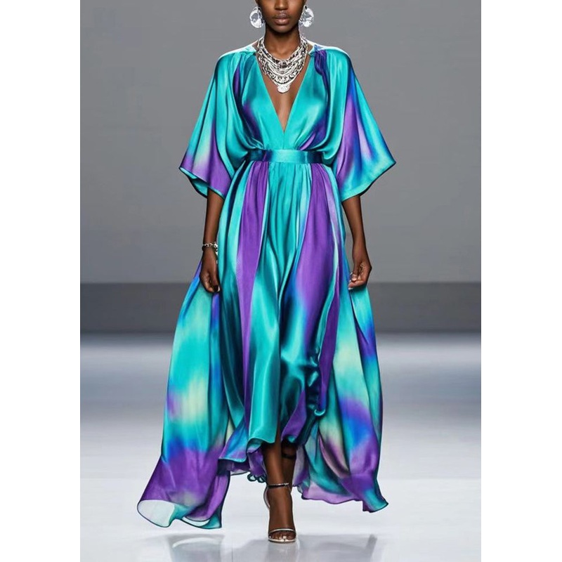 Art Green Cinched Tie Dye Silk Long Dress Batwing Sleeve