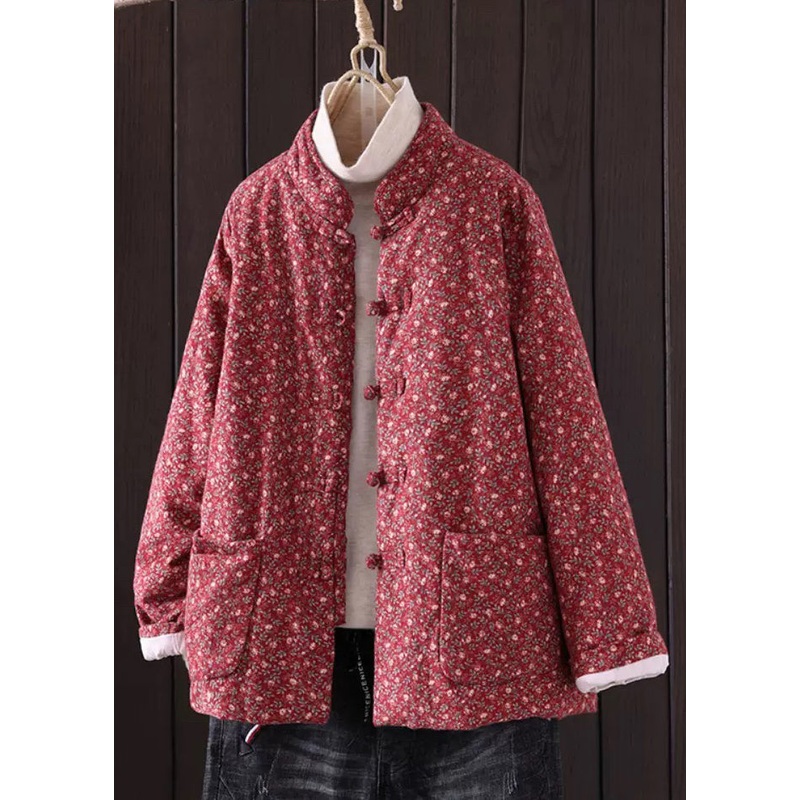 Art Red Print Button Pockets Thick Coat Winter