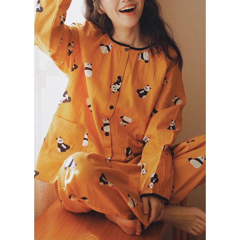 Art Yellow O-Neck animal Print Pockets Cotton Two Pieces Set Long Sleeve