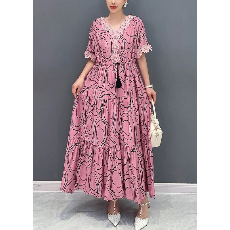 Beautiful Light Purple V Neck Floral Cotton Long Dress Summer