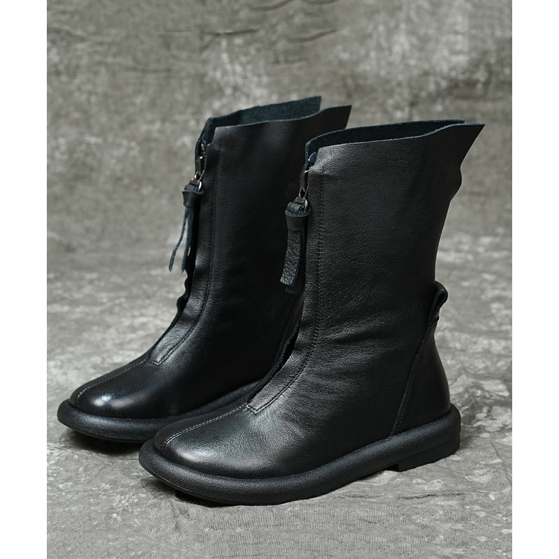 Black Cowhide Leather Stylish Handmade Zippered Splicing Boots