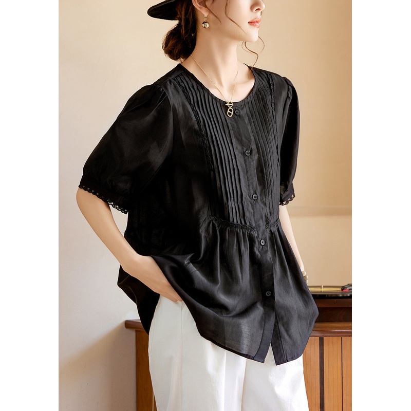 Black O-Neck Ruffled Wrinkled Silk Tops Short Sleeve