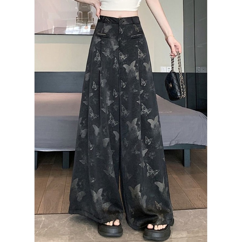 Black Patchwork High Waist Wide Leg Pants Summer
