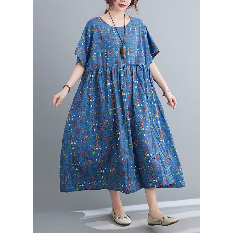 Blue O-Neck Patchwork Maxi Dress Short Sleeve