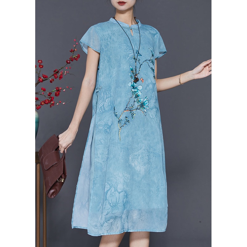 Blue Print Chiffon Cheongsam Dress Chinese Style Summer