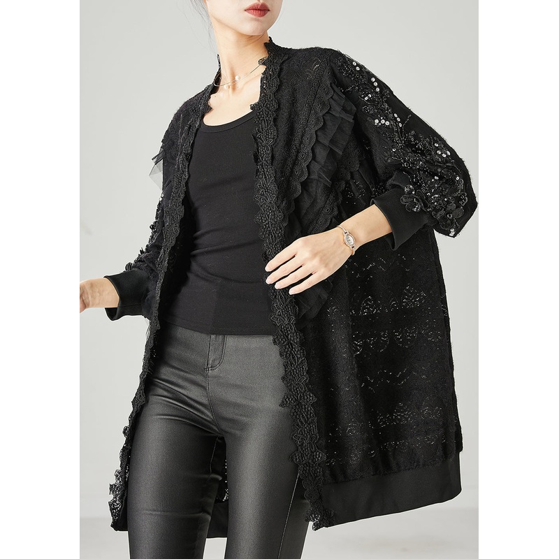 Bohemian Black Ruffled Nail Bead Lace Cardigan Spring