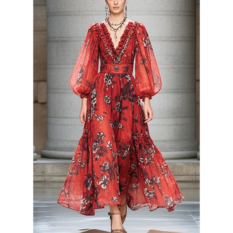 Bohemian Red Ruffled Print Chiffon Cinched Dress Fall