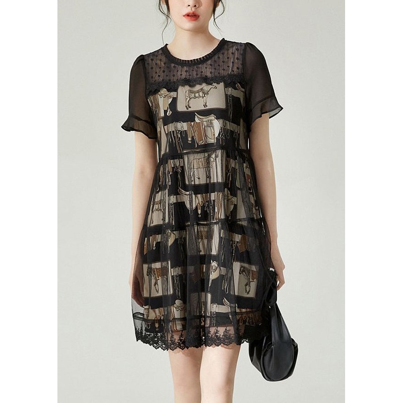 Boho Black O-Neck Patchwork Tulle Mid Dress Summer