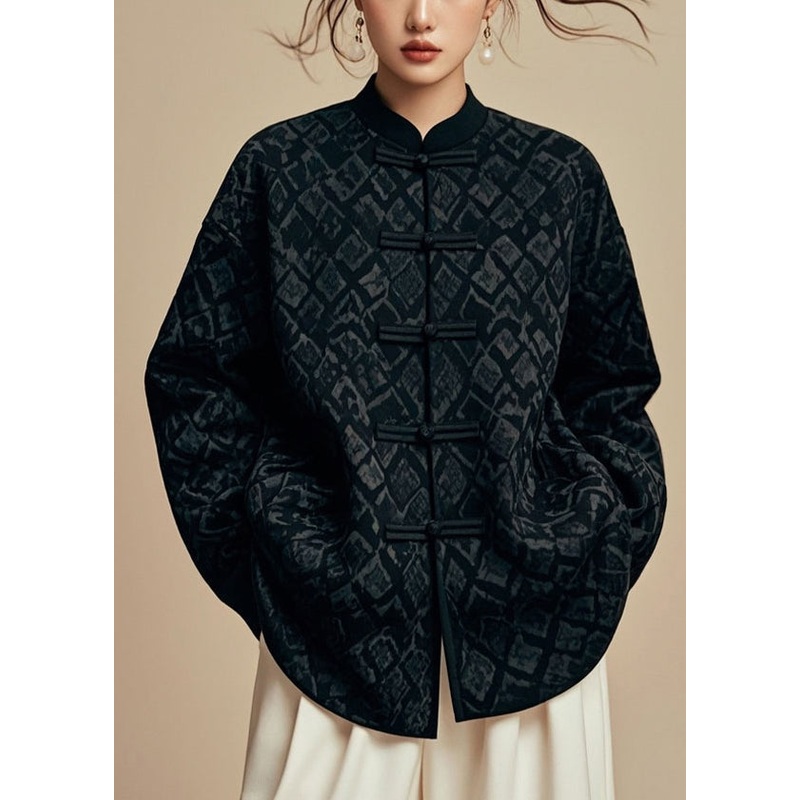 Boho Black Stand Collar Solid Cotton Coat Fall