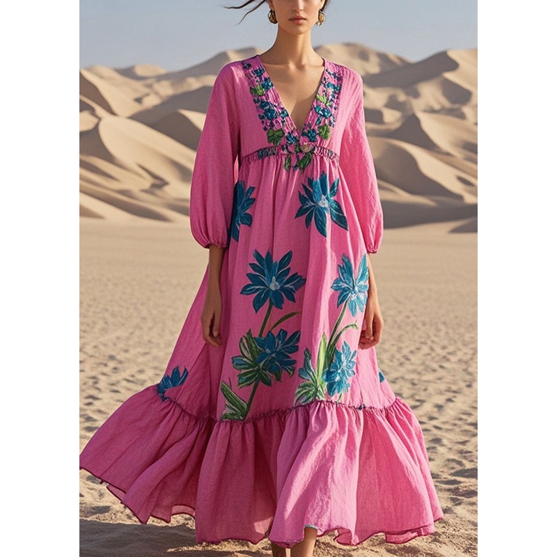 Boho Rose Oversized Print Cotton Maxi Dresses Bracelet Sleeve