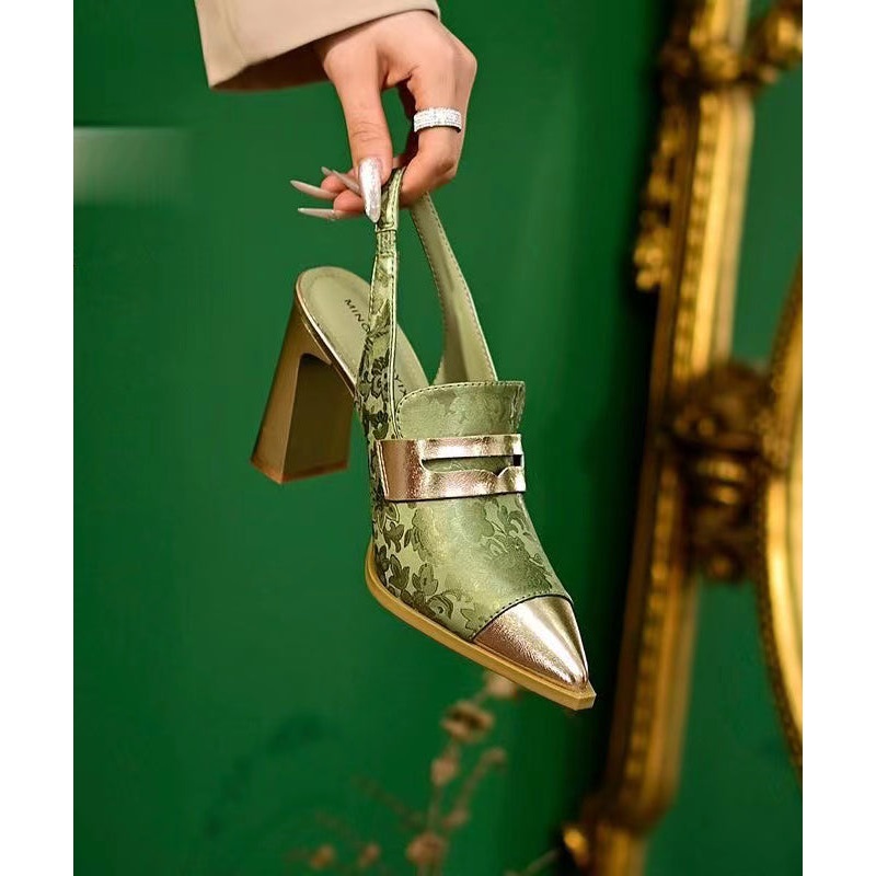 Boutique Chunky Heel Embroidery Pointed Toe Sandals Green