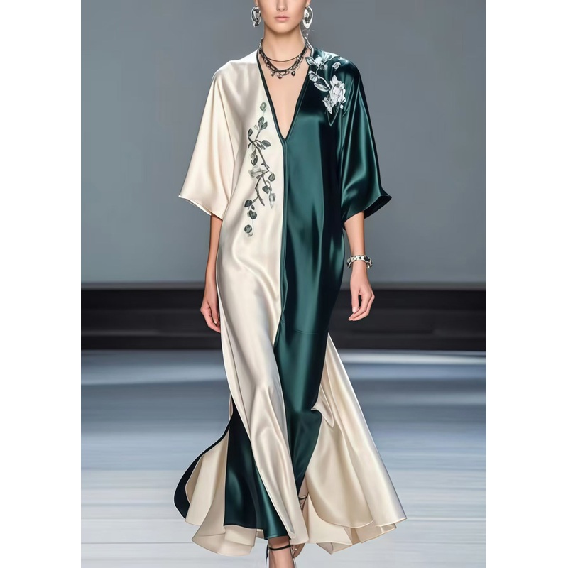 Boutique Colorblock V Neck Patchwork Silk Long Dresses Half Sleeve
