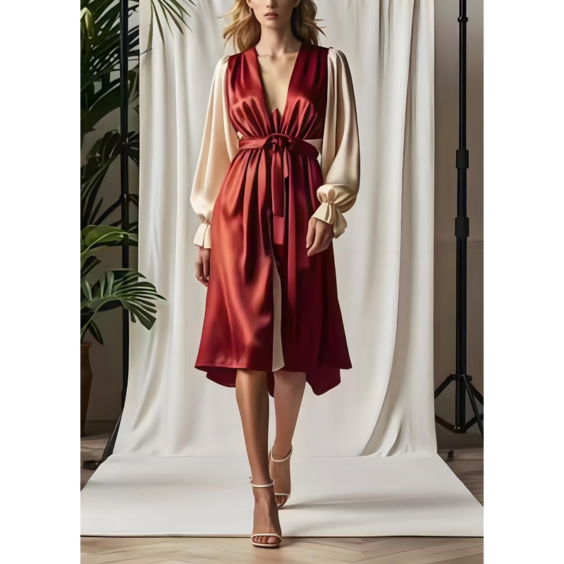 Boutique Mulberry Tie Waist Patchwork Silk Dress Spring